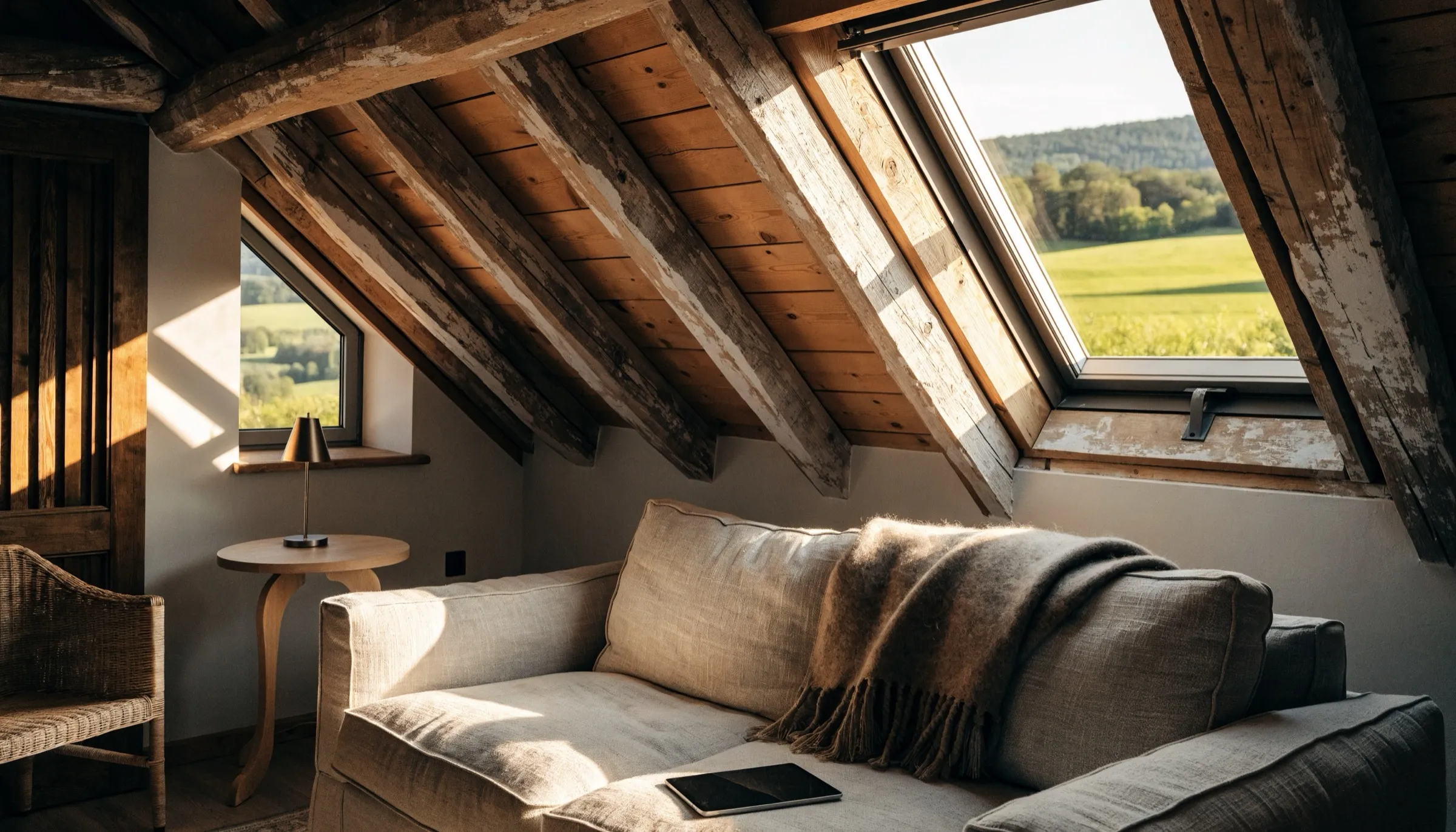 Ausgebautes Dachgeschoss mit alten Holzbalken, ein helles Sofa mit Wolldecke und Tablet, durch das Dachfenster Wiesen und Wald in der Nachmittagssonne