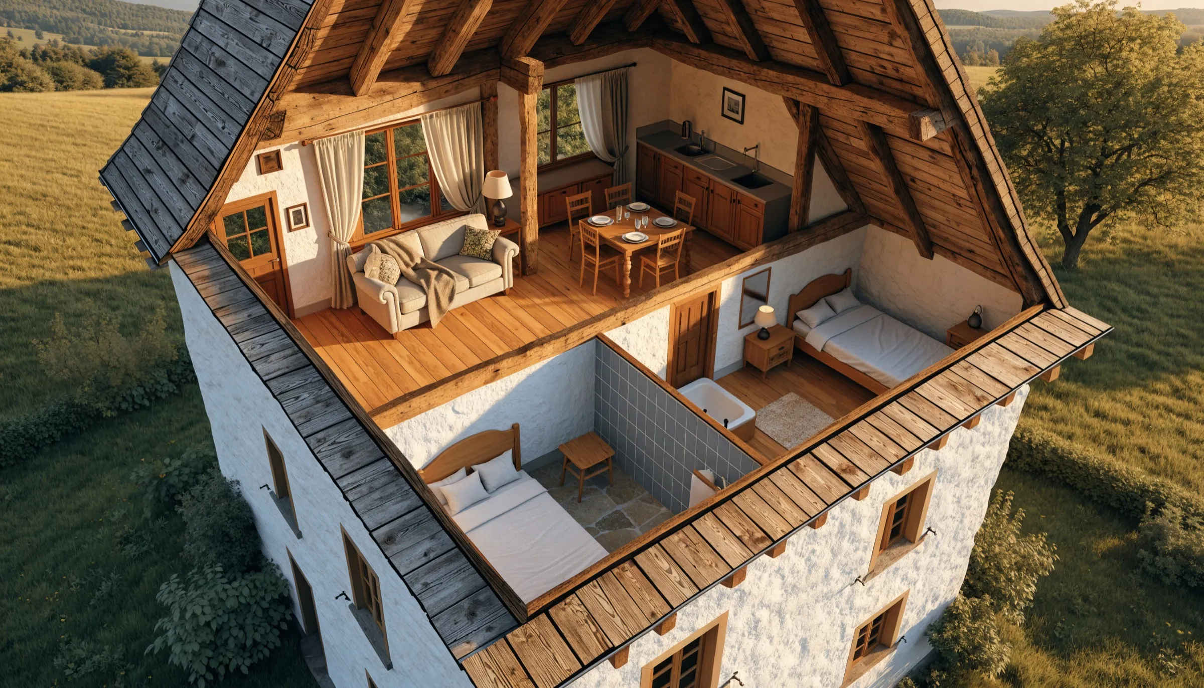 Aufgeschnittenes Bauernhaus von schräg oben: Unter den Dachbalken liegt eine Ferienwohnung mit Wohnzimmer, Küche, Bad und zwei Schlafzimmern, ringsum Wiesen im Abendlicht